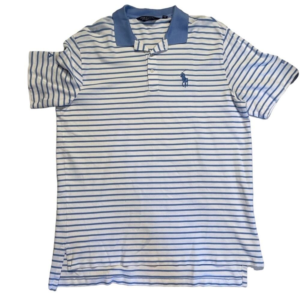Ralph Lauren Polo Golf Shirt Mens XL Blue White Striped Short Sleeve Formal Pony